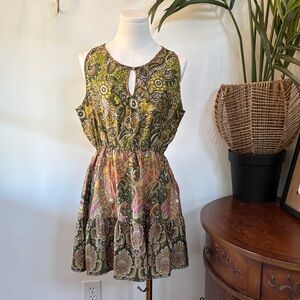 Floral Paisley Silk Sleeveless Dress - Greens Pink Tangerine fit and flare